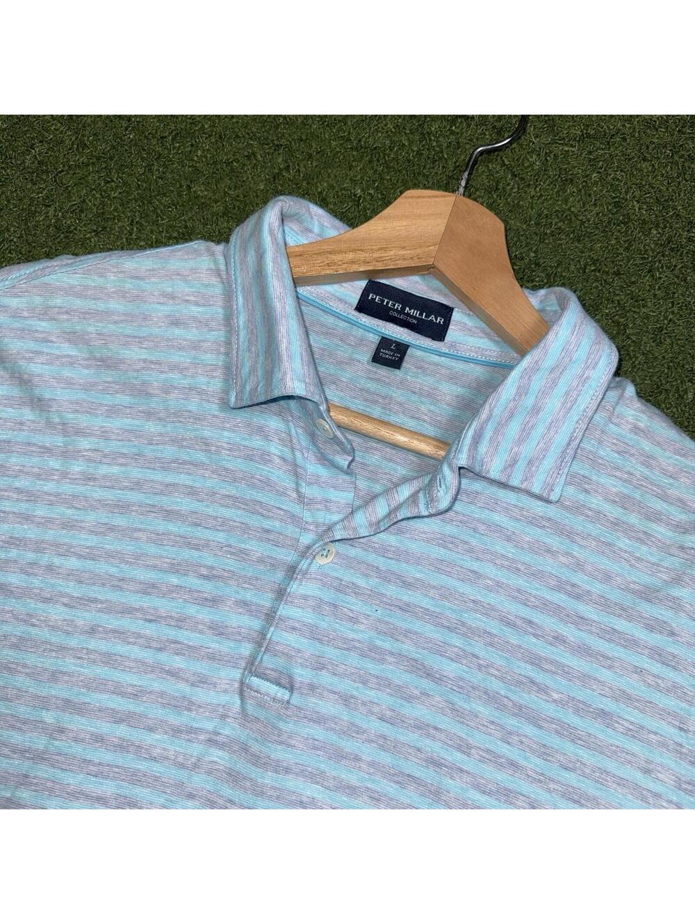 Peter Millar Collection Striped Polo Shirt Linen Cotton Blue Gray Men Large Golf